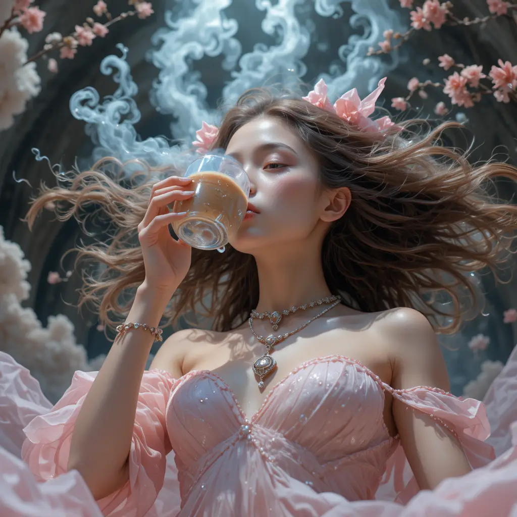 Low angle view of a cute girl in a cloud dress