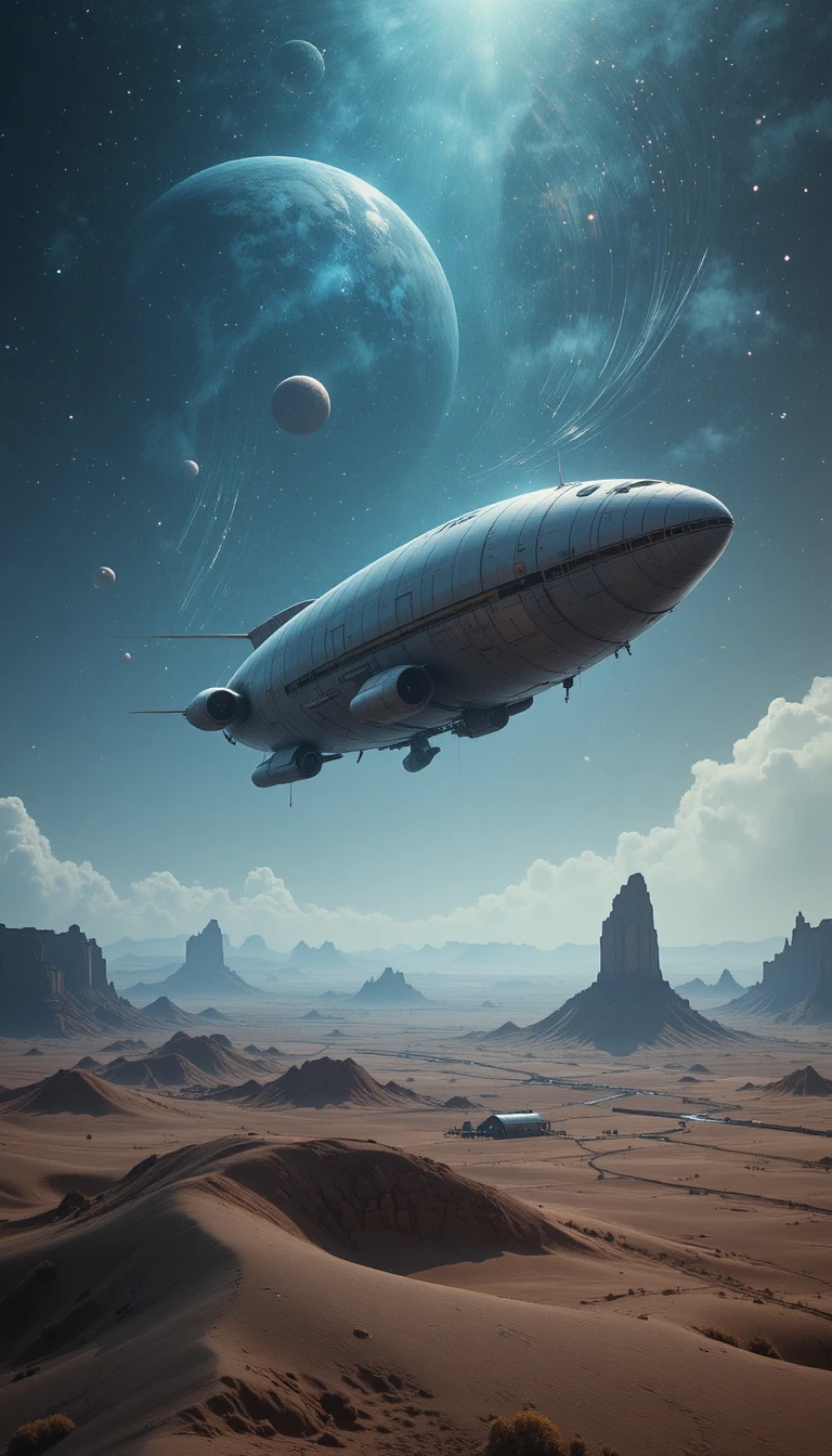 Dirigível retrofuturista solitário sobre deserto alienígena