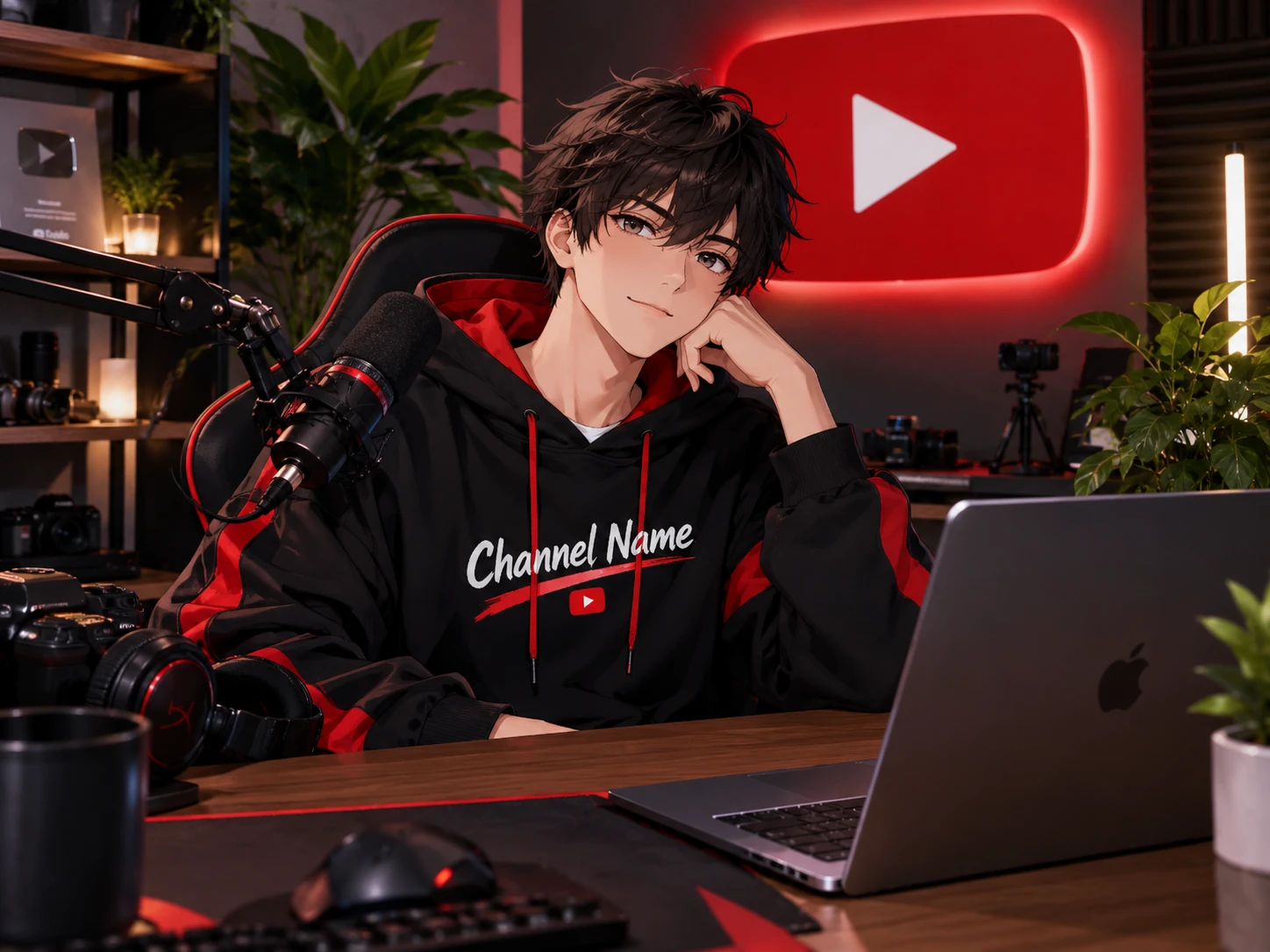 Anime boy streaming at a computer desk setup