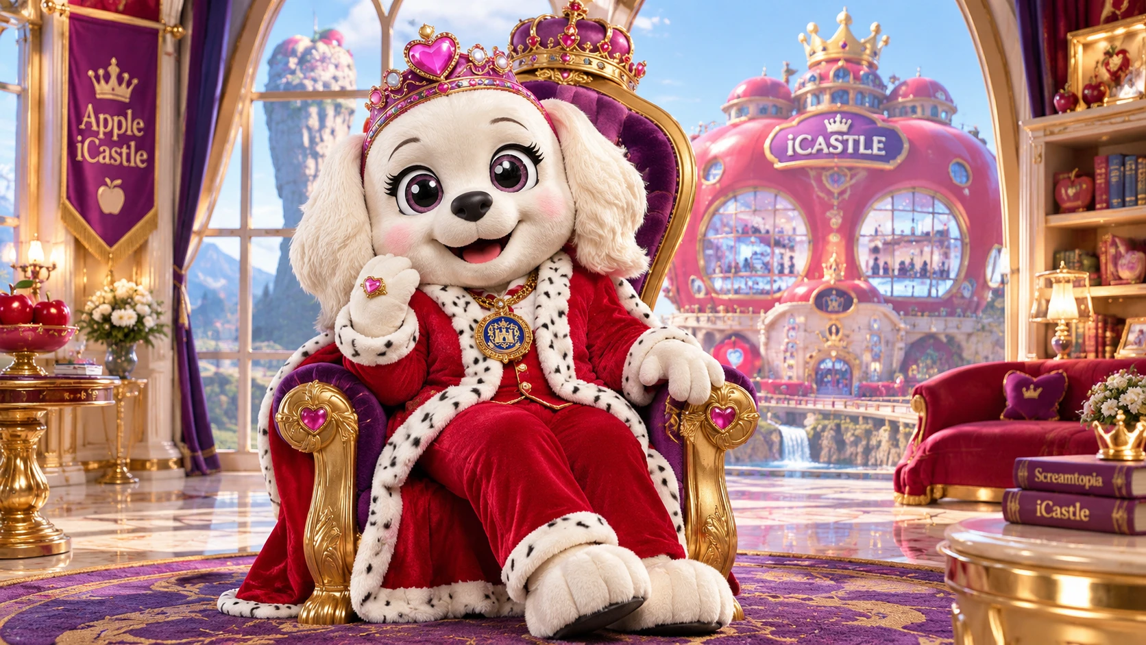 Princesse mascotte chien géant dans un château fantastique