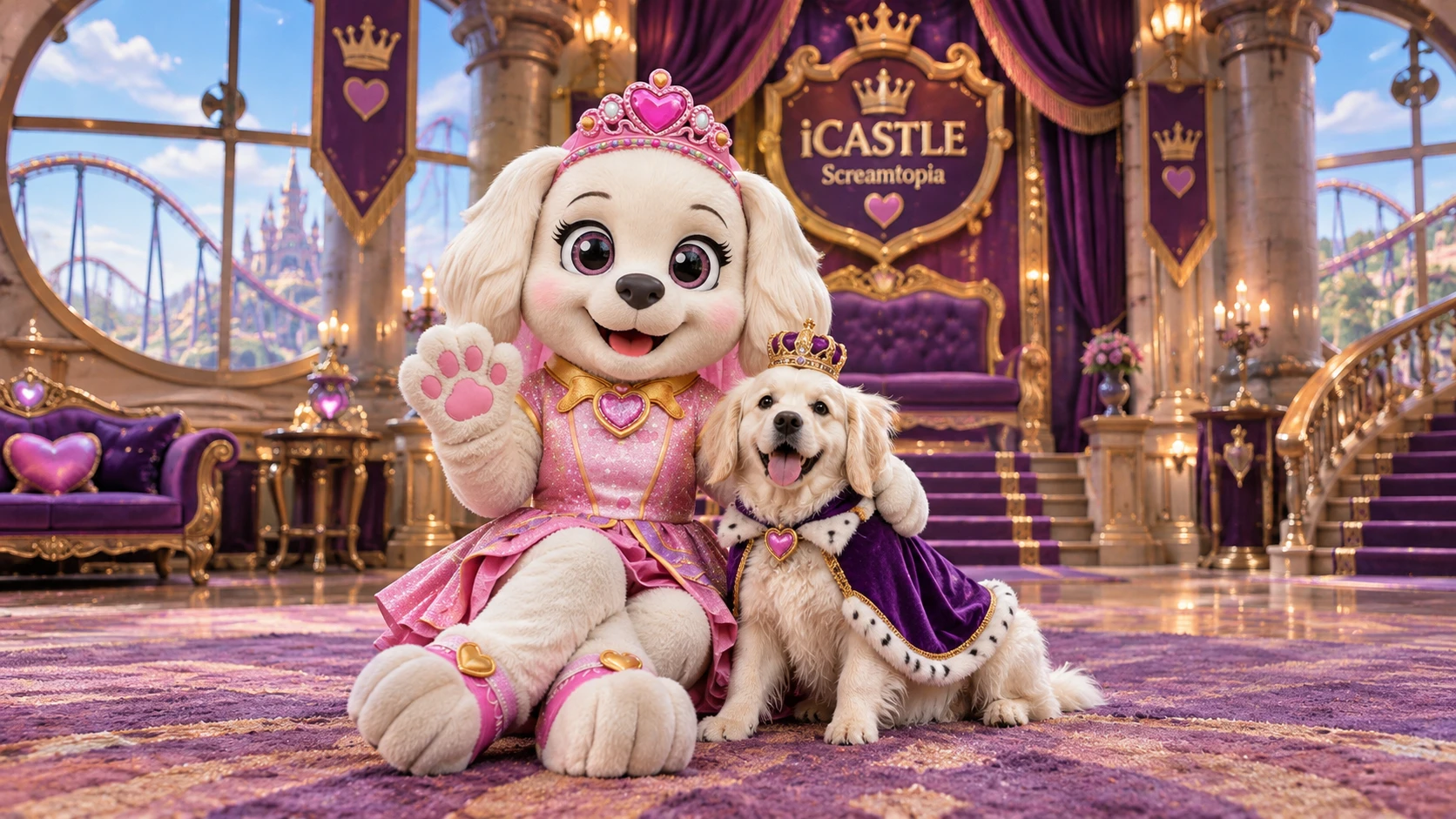 Femme en costume de mascotte dans la grande salle d’un château fantastique