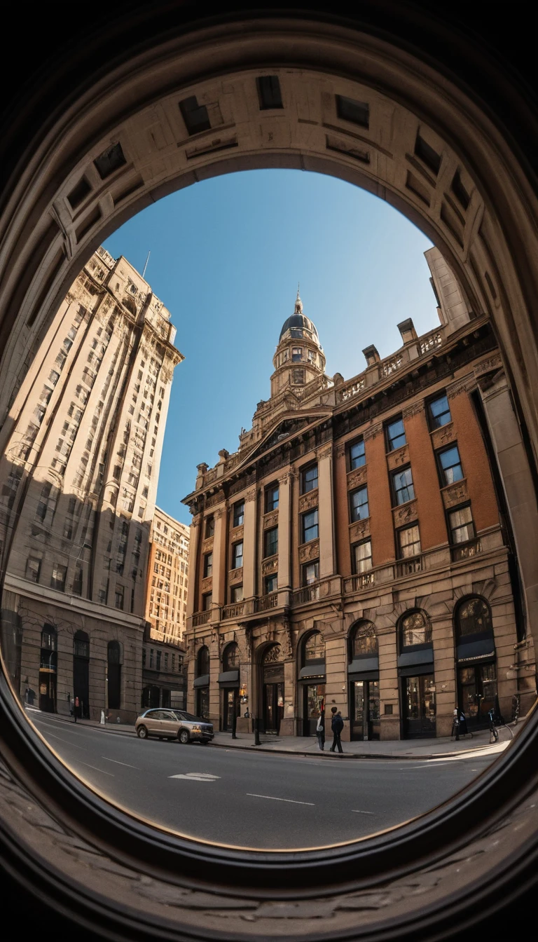 Low angle fisheye view of historic urban architecture reflection