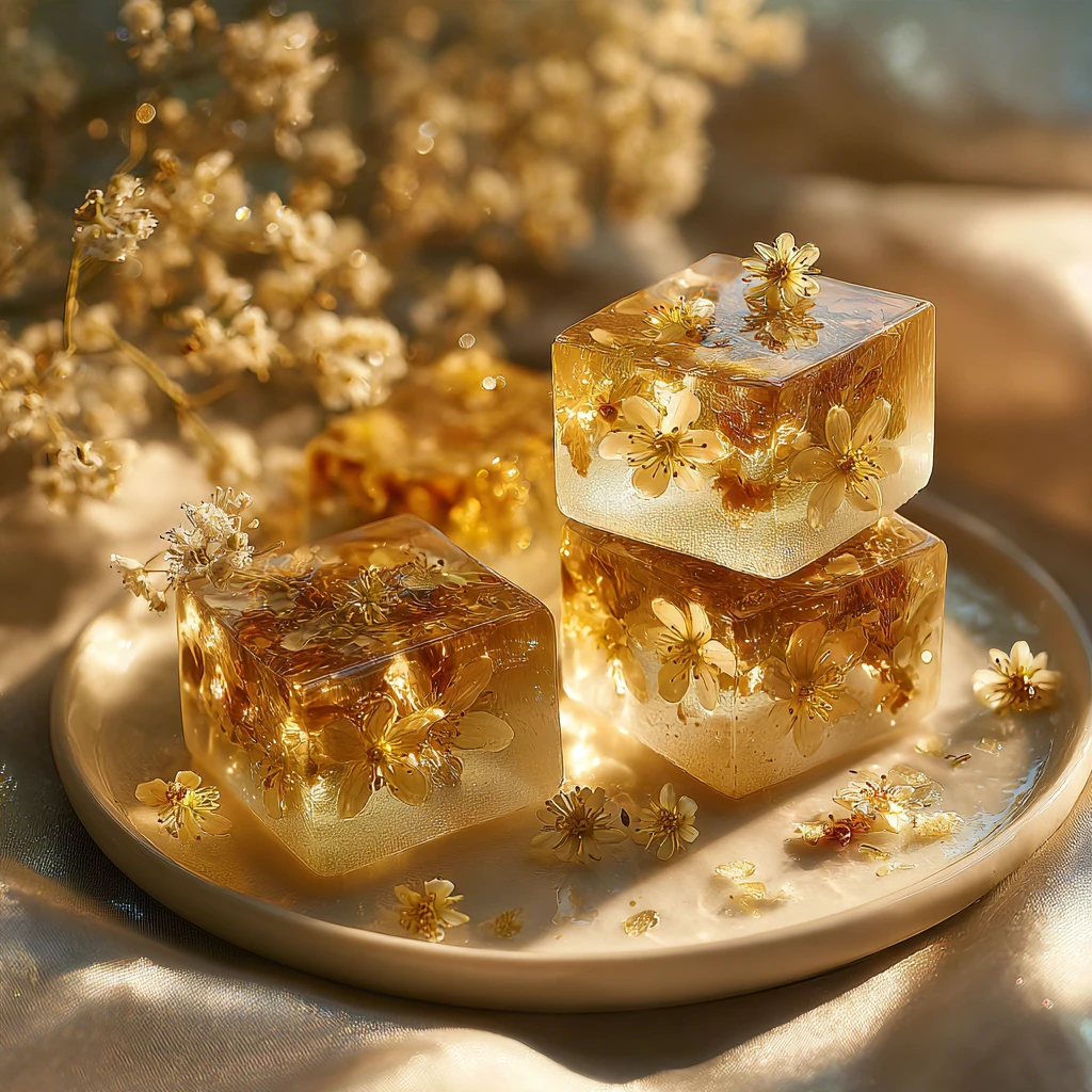 Cubos de geleia dourada de osmanthus em prato de porcelana elegante