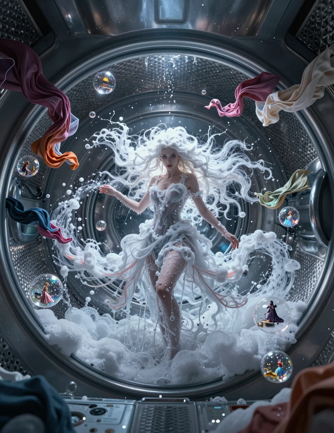 Laundry witch inside a colossal washing machine vortex
