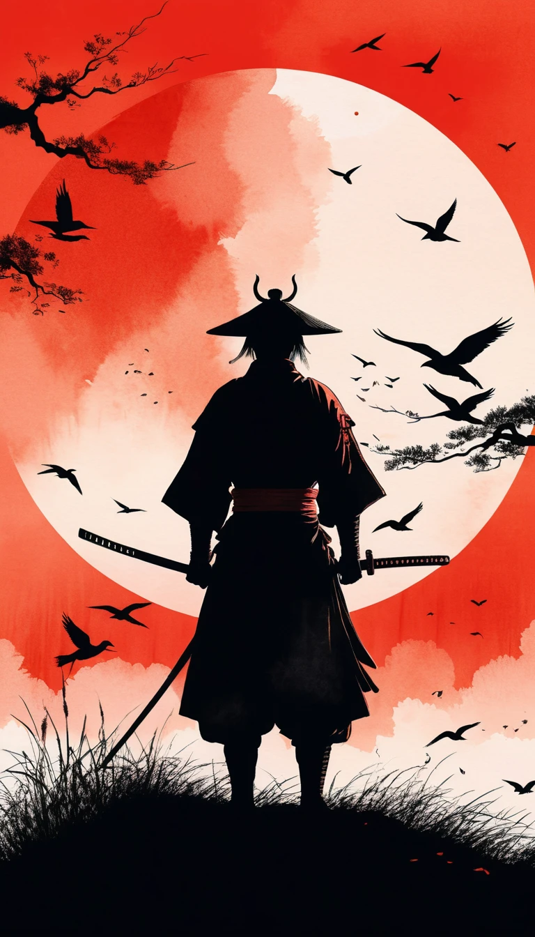 Silhueta de samurai diante de um enorme sol vermelho em aquarela