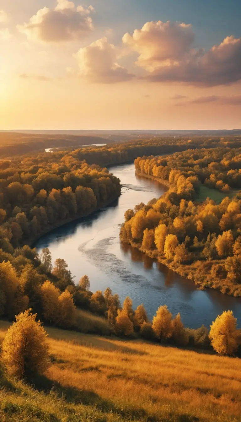 Stiller Fluss und Wald unter einem warmen Sonnenuntergangshimmel