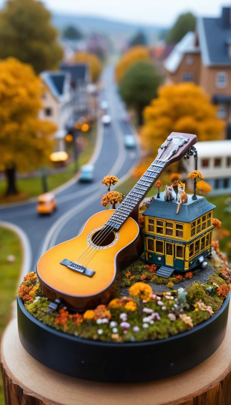 Mundo em miniatura fantasioso viajando por um violão gigante