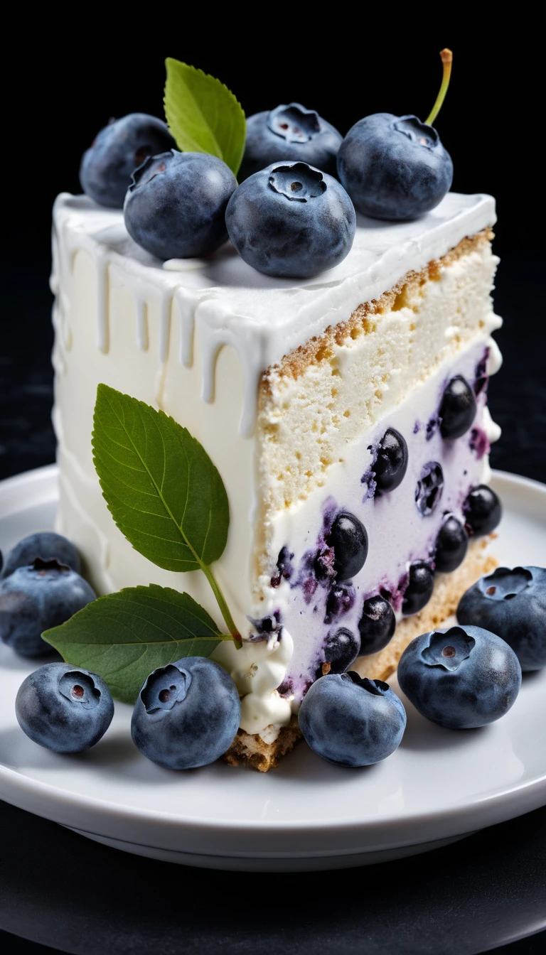 3D slice of white ice cream cake with blueberries