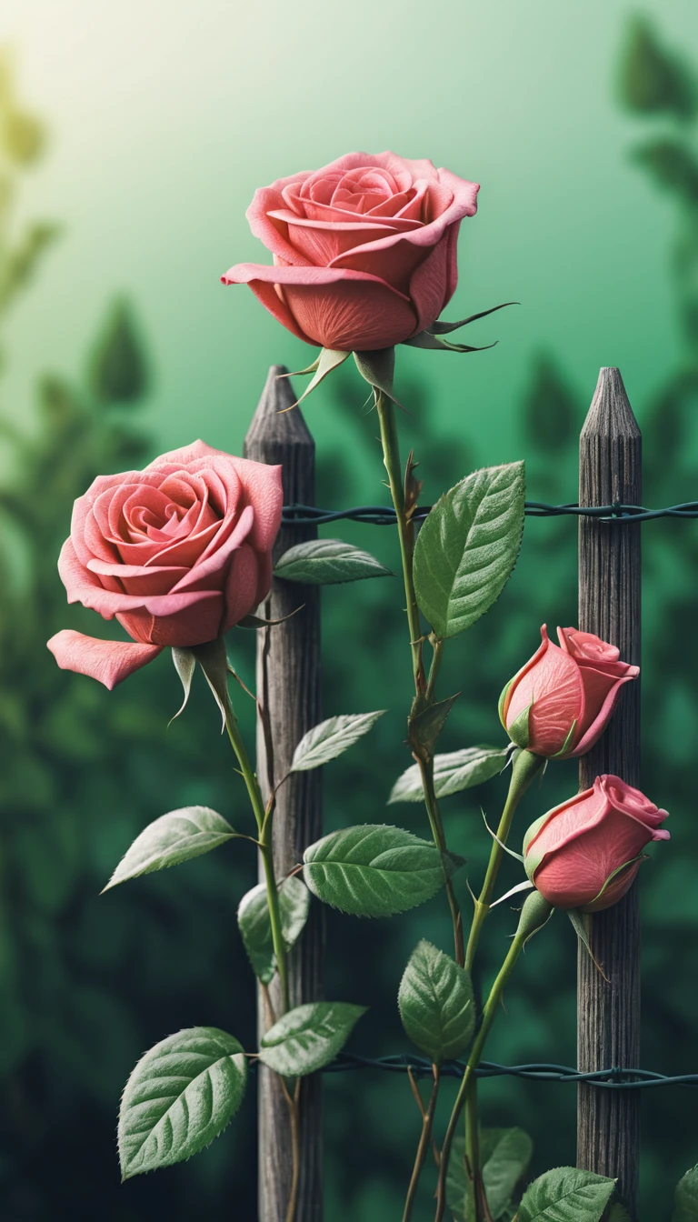 Roses 3D surréalistes en allumettes sur un doux fond naturel
