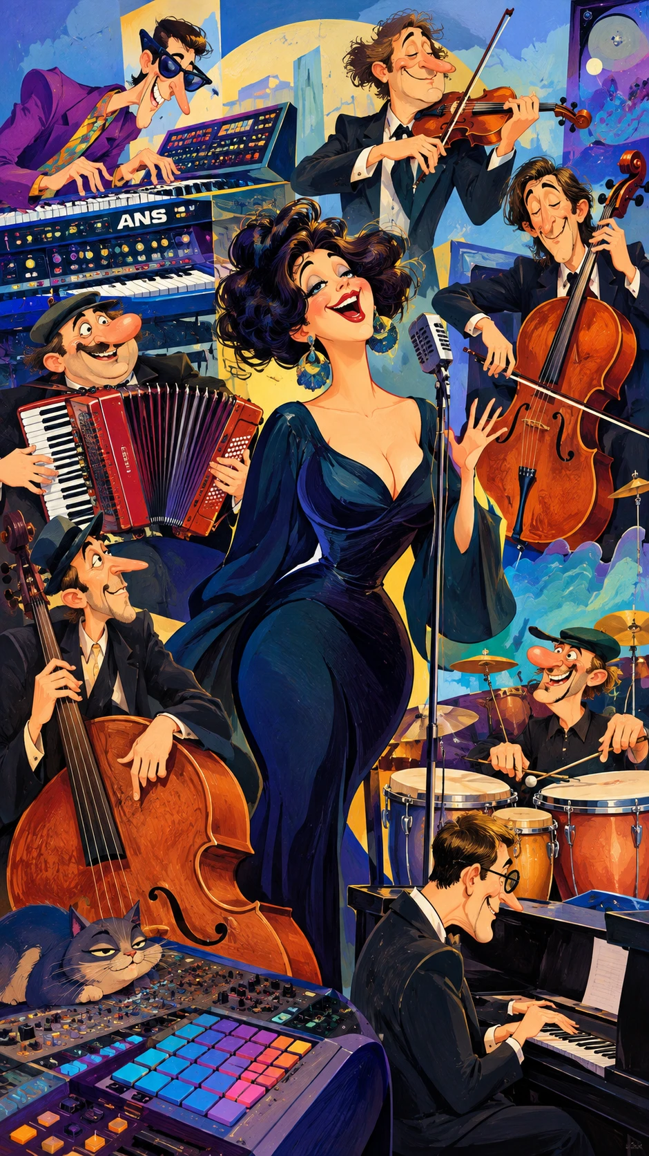 Divertidos músicos de dibujos animados de los años 90 en ilustración colorida