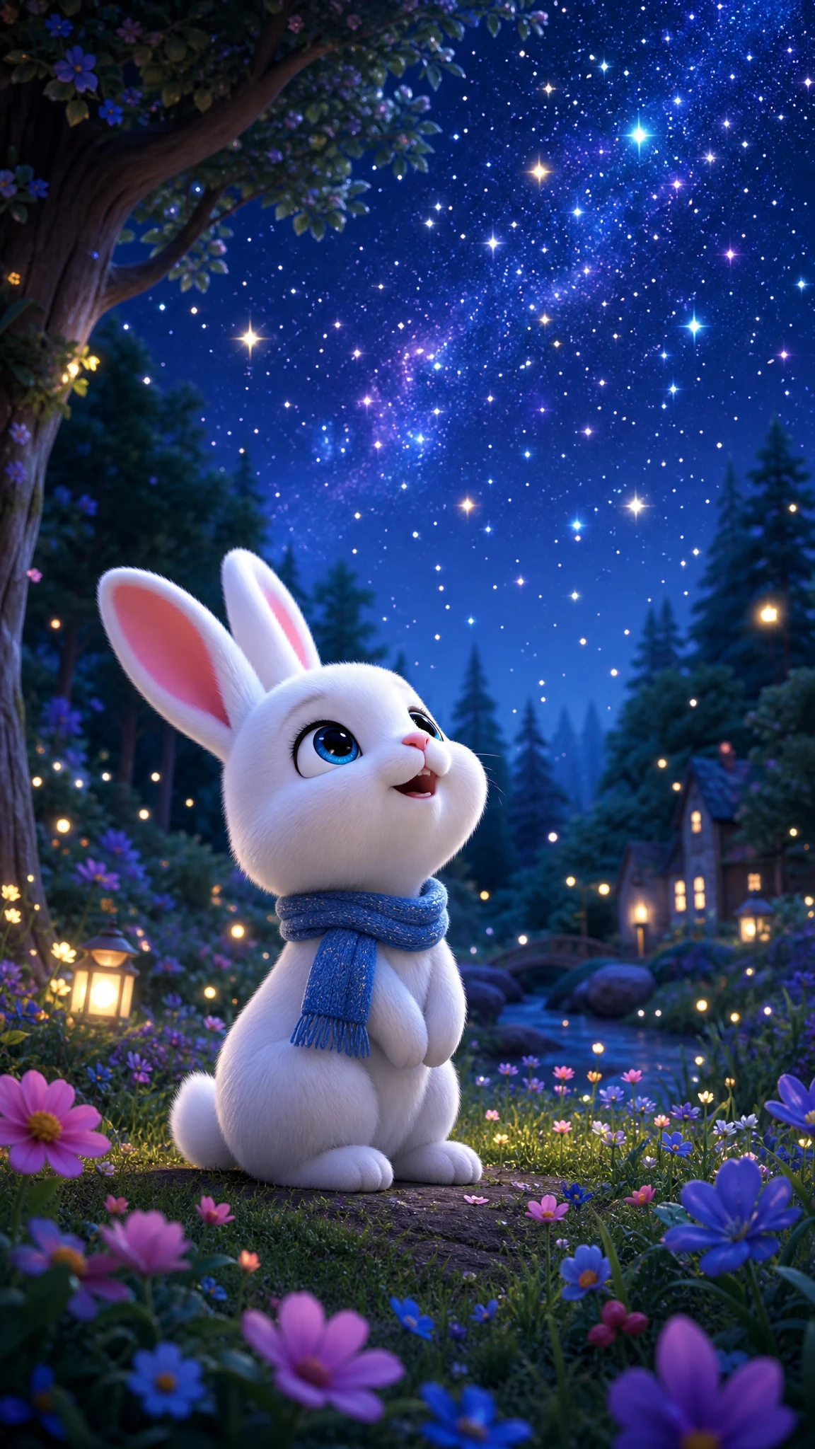 Coelhinho branco fofo olhando para as estrelas na noite mágica da floresta
