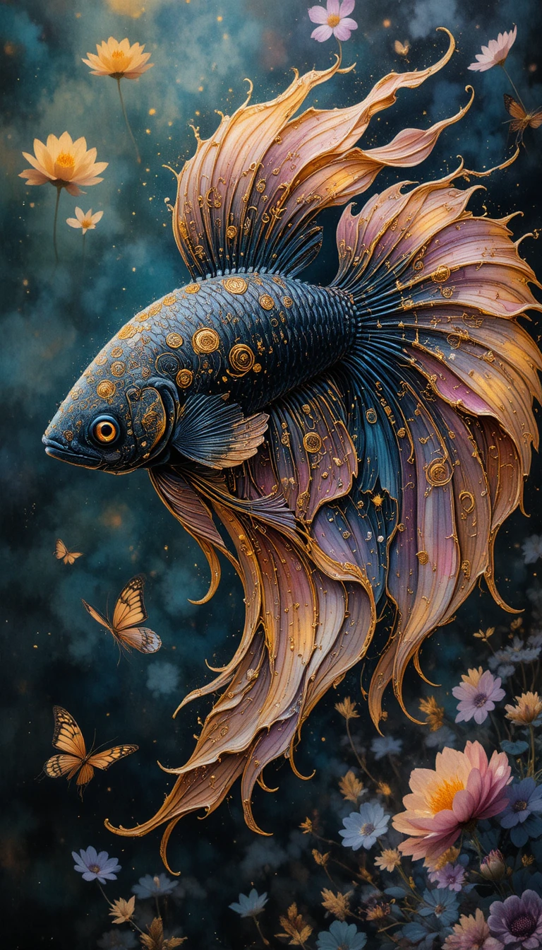 Black and gold betta fish in ornate flowing digital painting