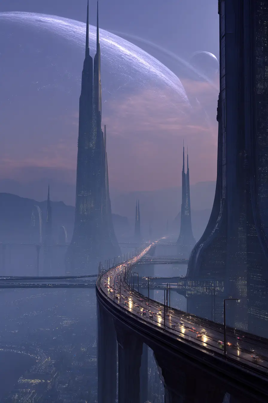 Gigantische außerirdische Megastadt unter dem Himmel eines fernen Ringplaneten