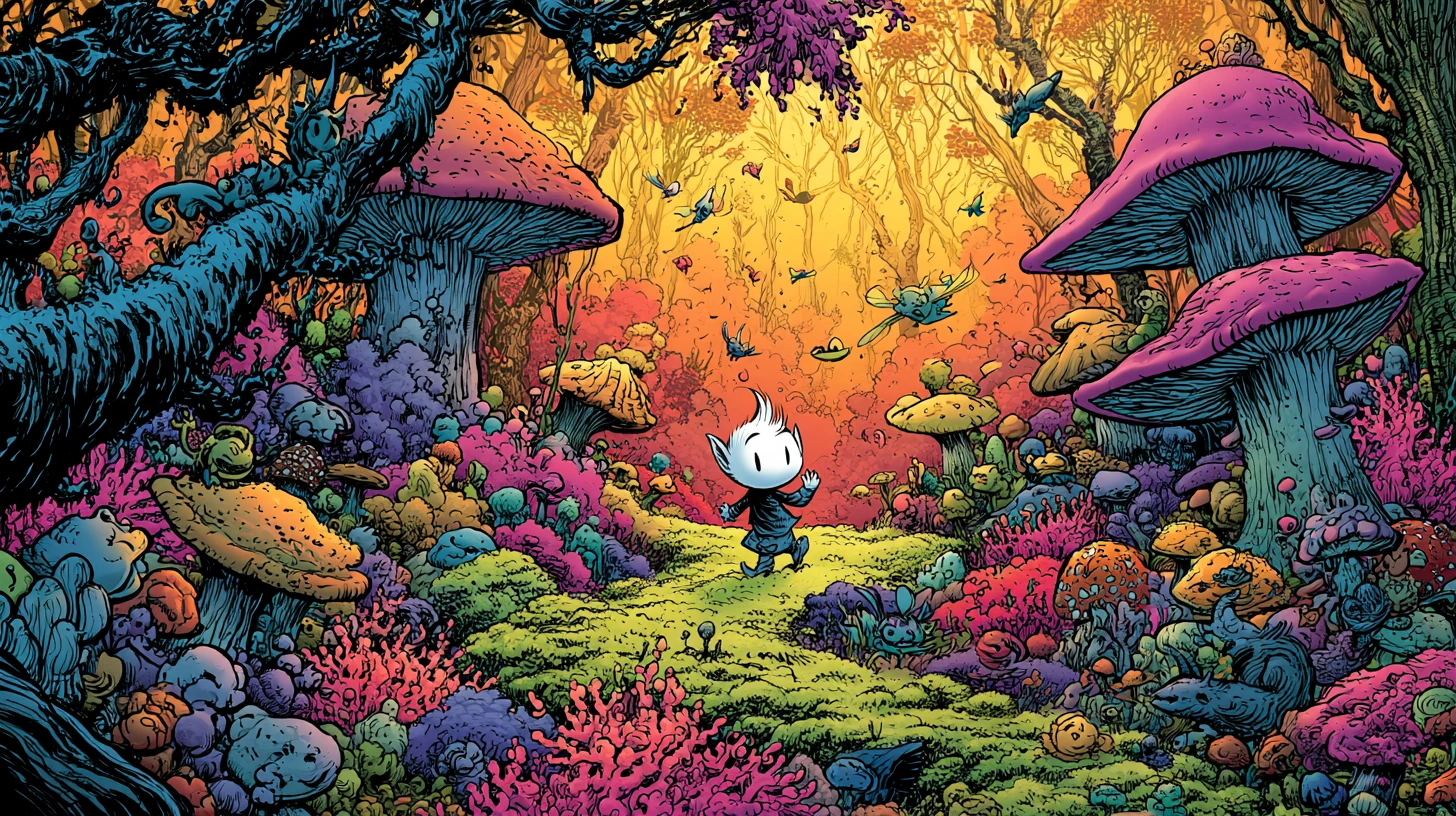 Pequeno elfo caminhando por uma trilha colorida na floresta de cogumelos