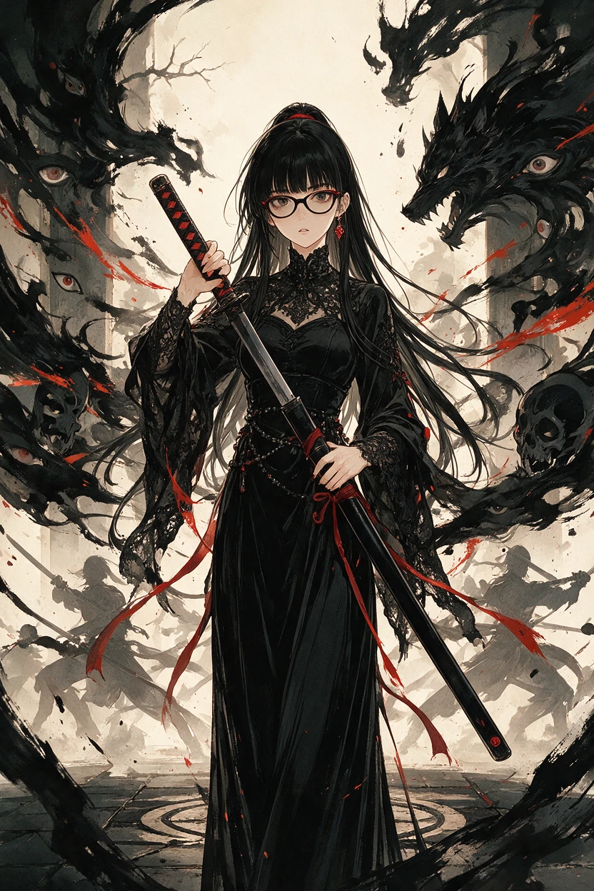 Espadachim gótica com katana entre espíritos de tinta em espiral