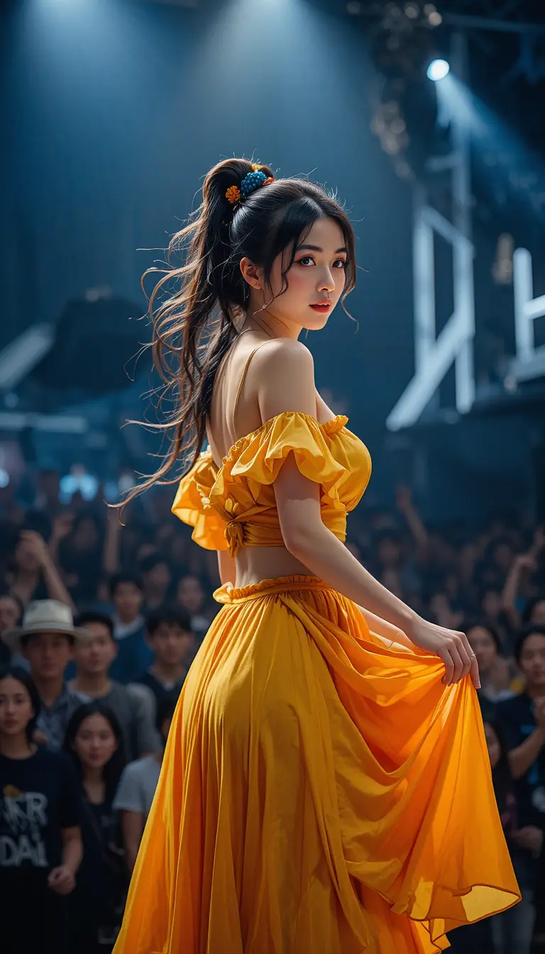 Young singer in yellow dress performing on dark stage