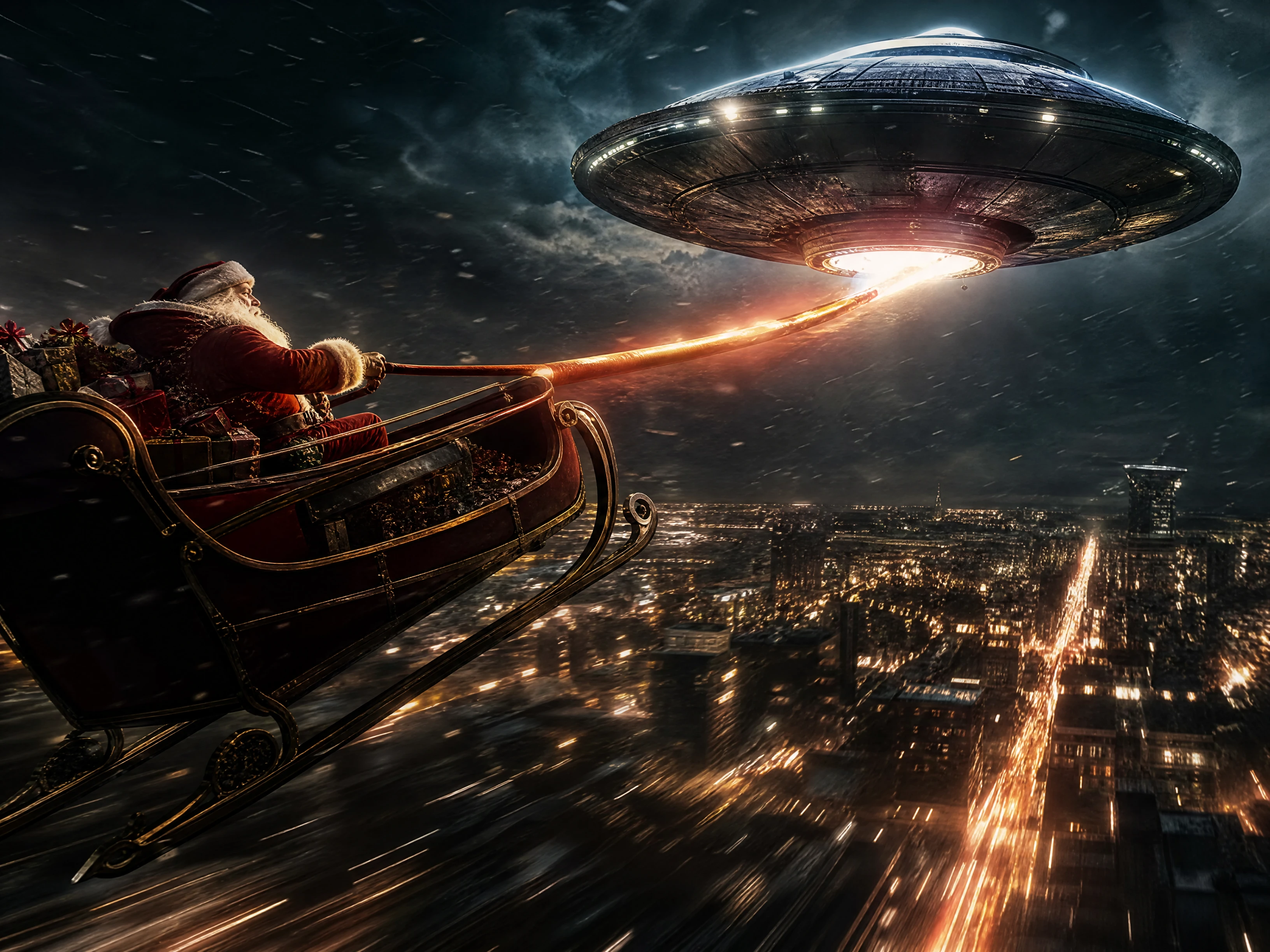 Weihnachtsmann rast in einem von einem fliegenden UFO gezogenen Schlitten