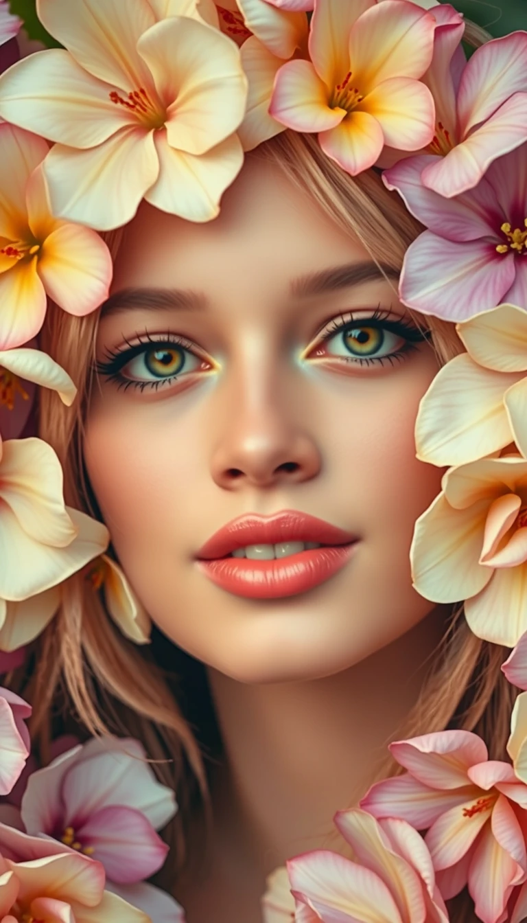 Beleza Y2K close-up de mulher emoldurada por flores frescas