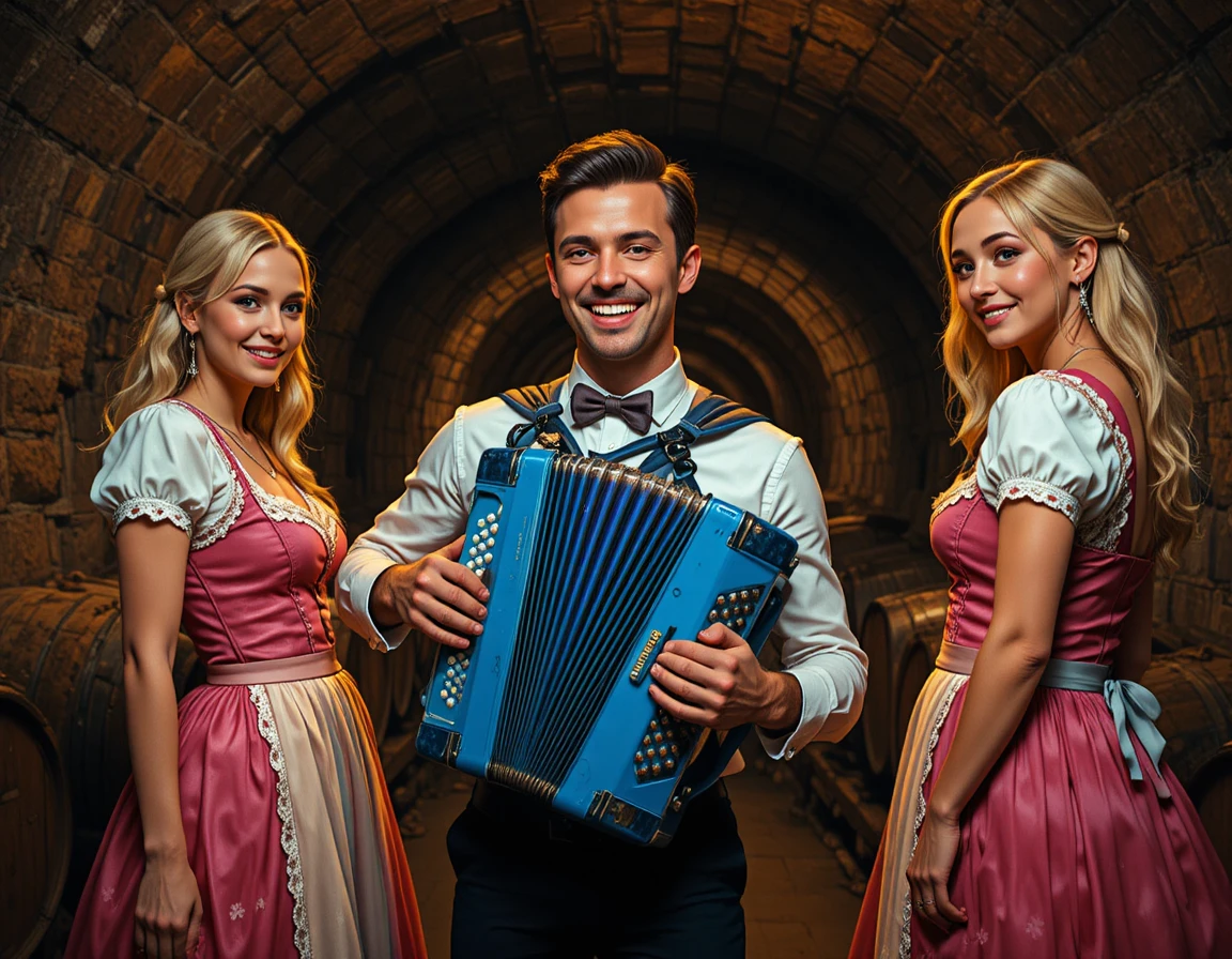 Uomo che suona la fisarmonica con due donne in abiti dirndl