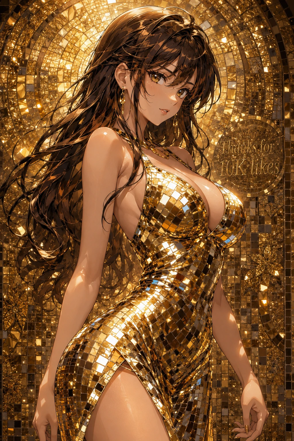 黄金のファンタジーモザイクの中のエレガントなアニメ女性