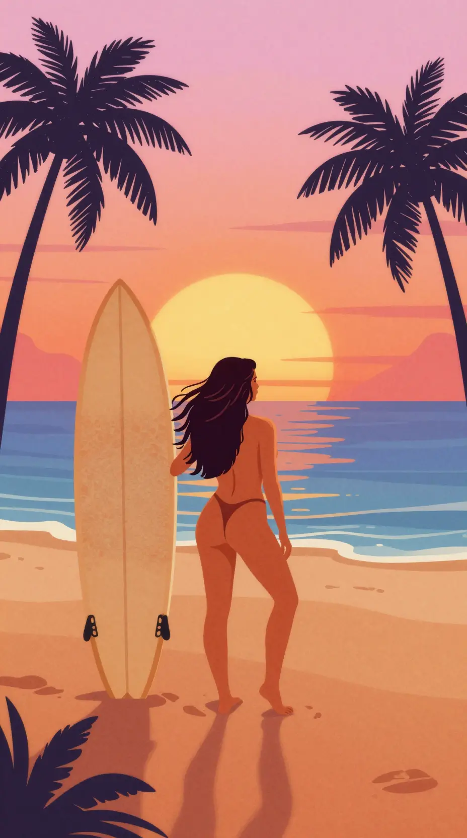 Retro tropical sunset with woman and surfboard on beach