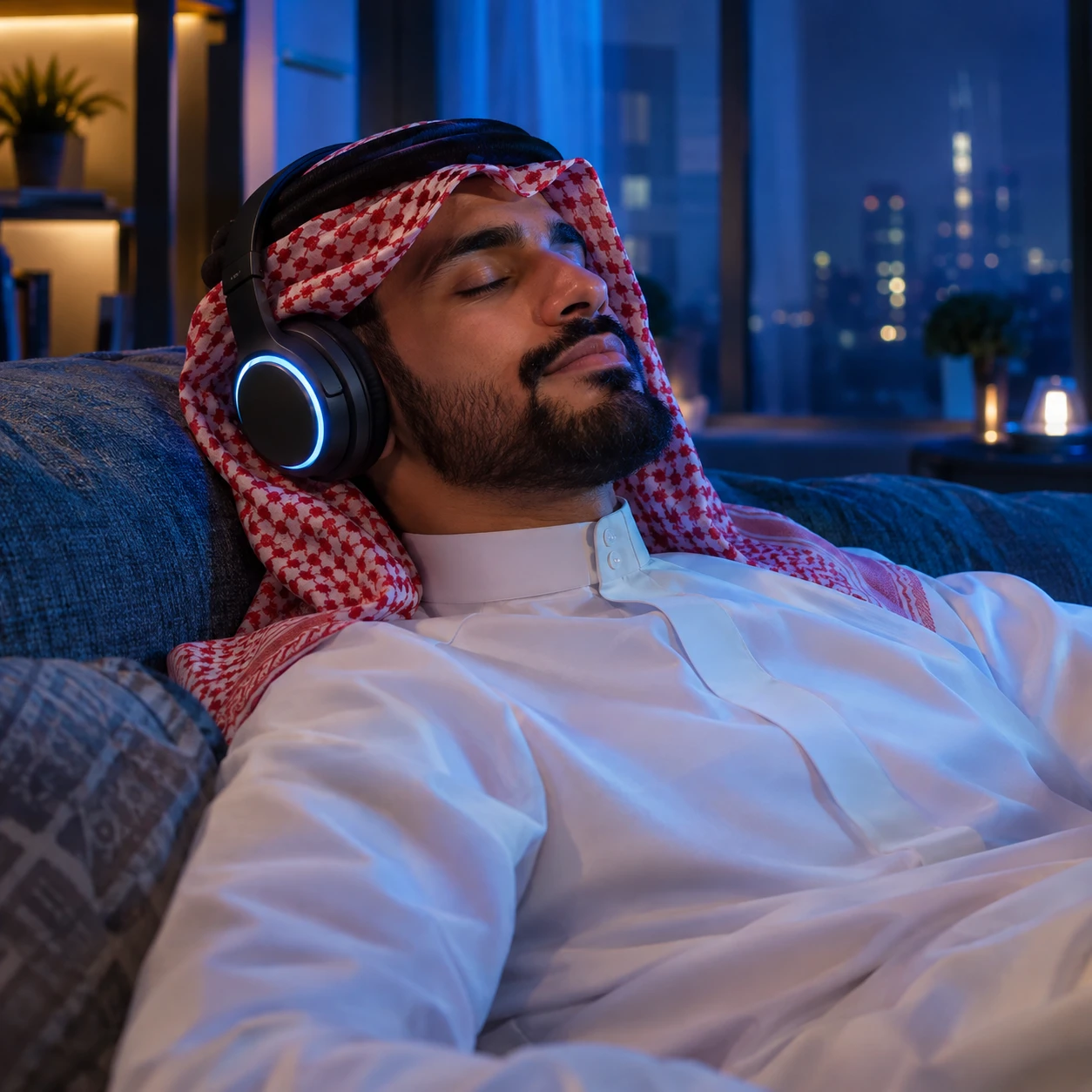 Homem do Oriente Médio descansando no sofá com fones de ouvido luminosos