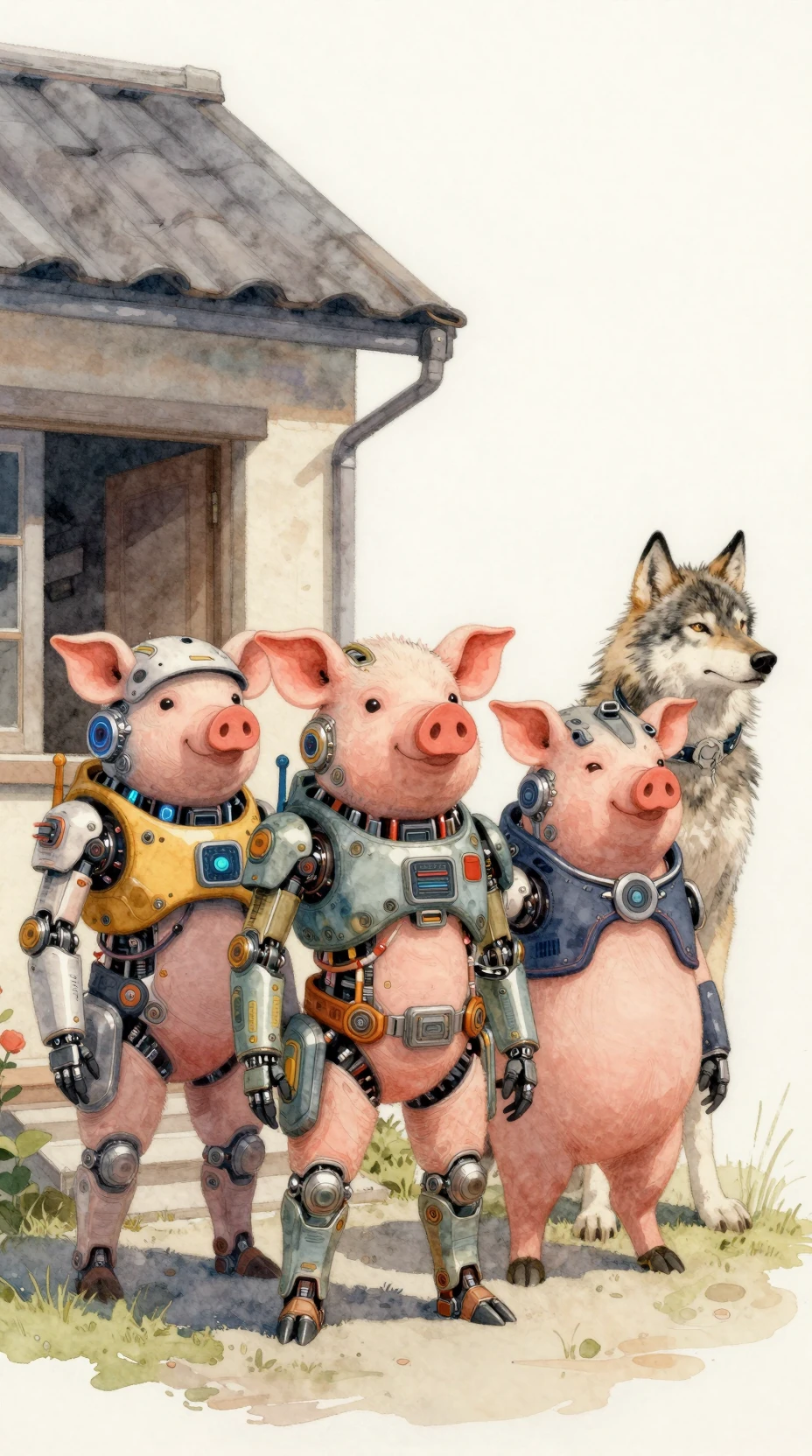 Porcos ciborgues cyberpunk guardando uma casa com lobo preso