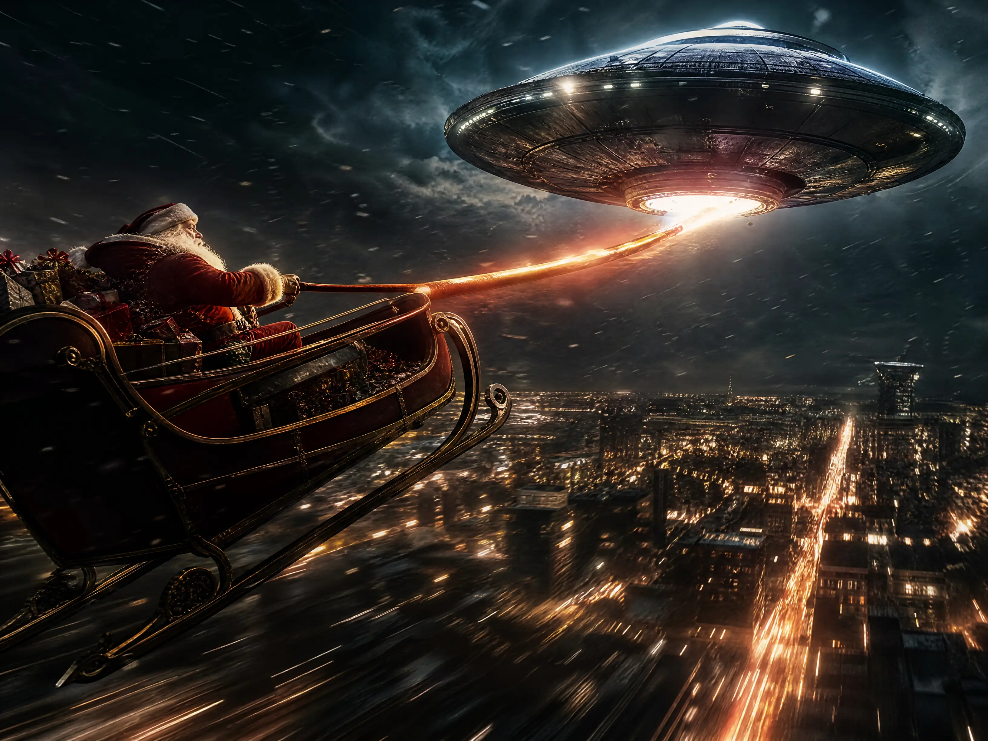 Babbo Natale che sfreccia su una slitta trainata da un UFO volante
