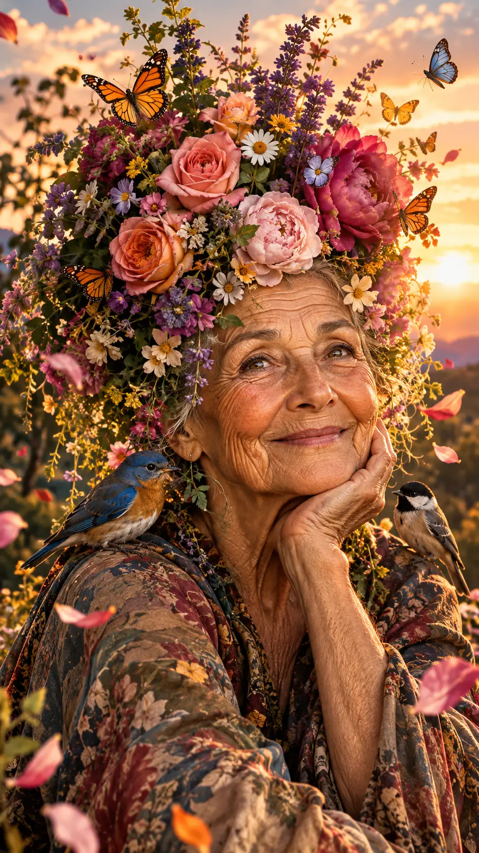 Porträt einer älteren Frau mit leuchtender Wildblumenkrone