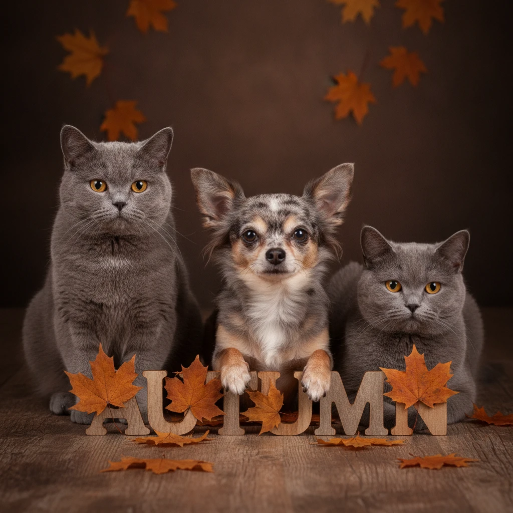 Chihuahua idoso com dois gatos British Shorthair no outono