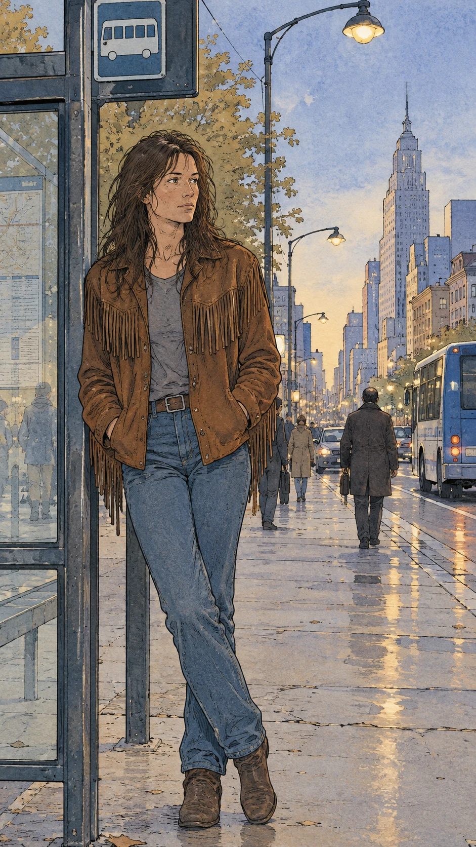 Cena urbana em aquarela com mulher destemida no ponto de ônibus