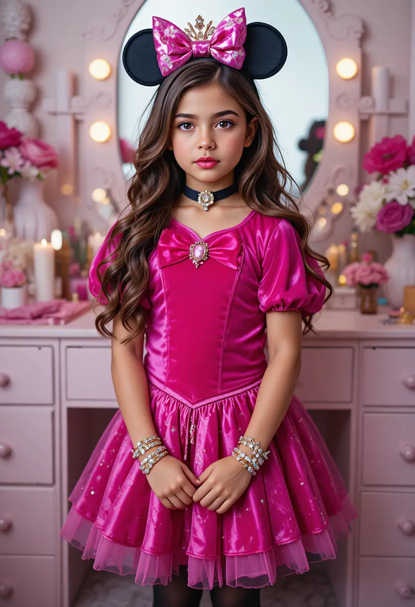 Tween boy in princess costume posing by a vanity
