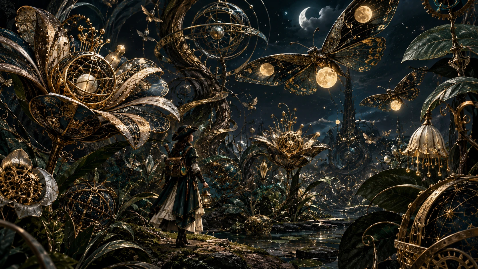 Pequena exploradora em um surreal jardim noturno mecânico