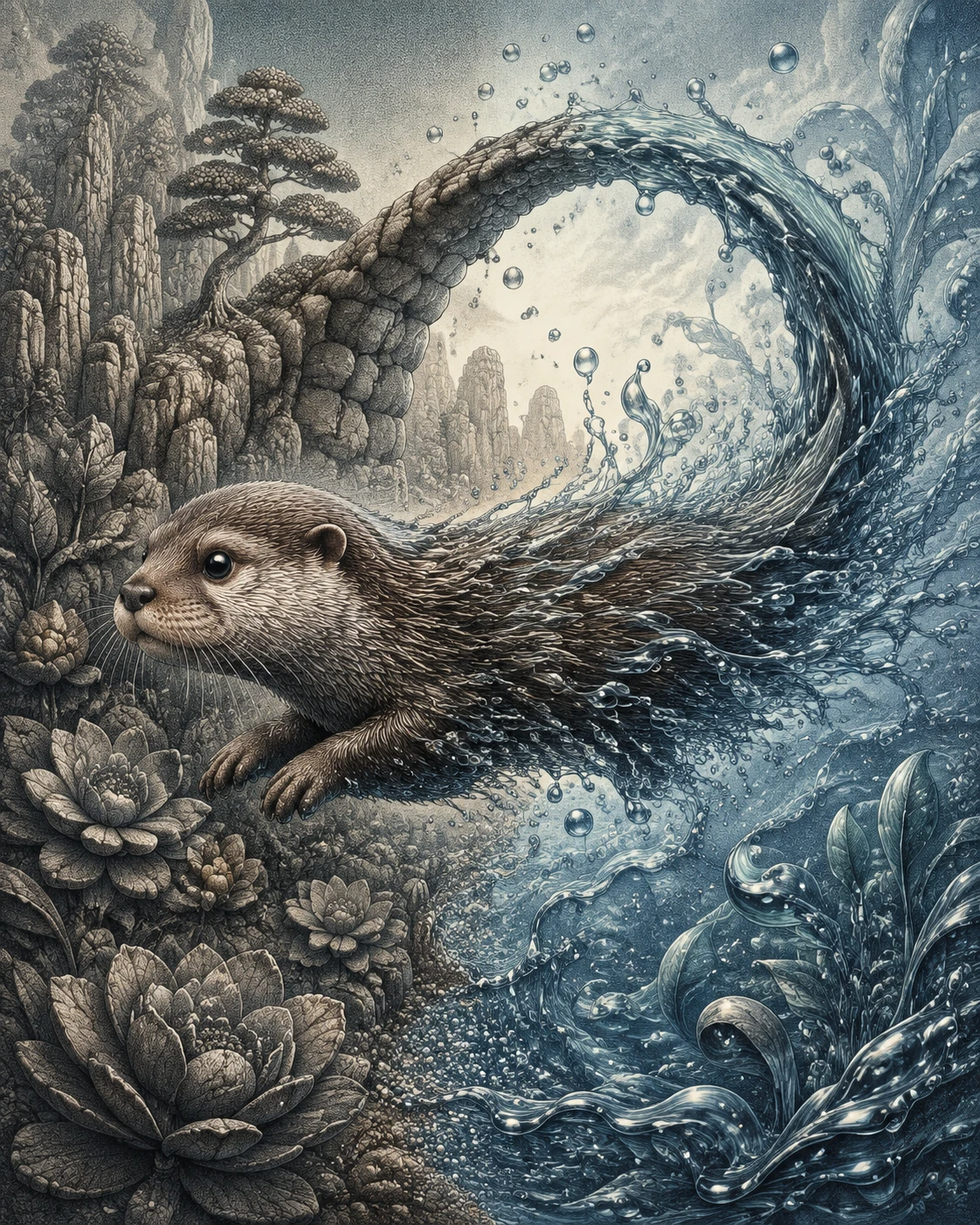Baby-Otter überquert von Stein zu Wasser in surrealer Szene