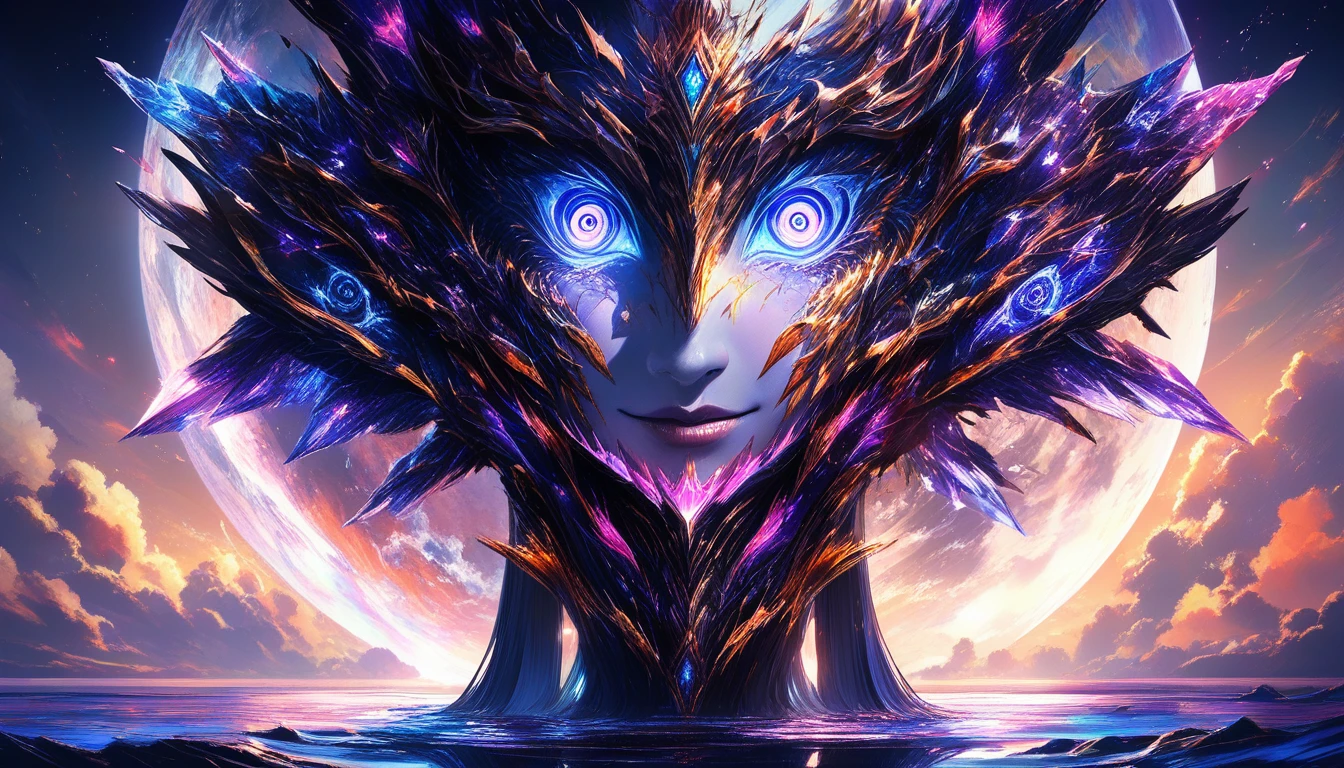 Surreal close up of a Japanese woman under a glowing moon