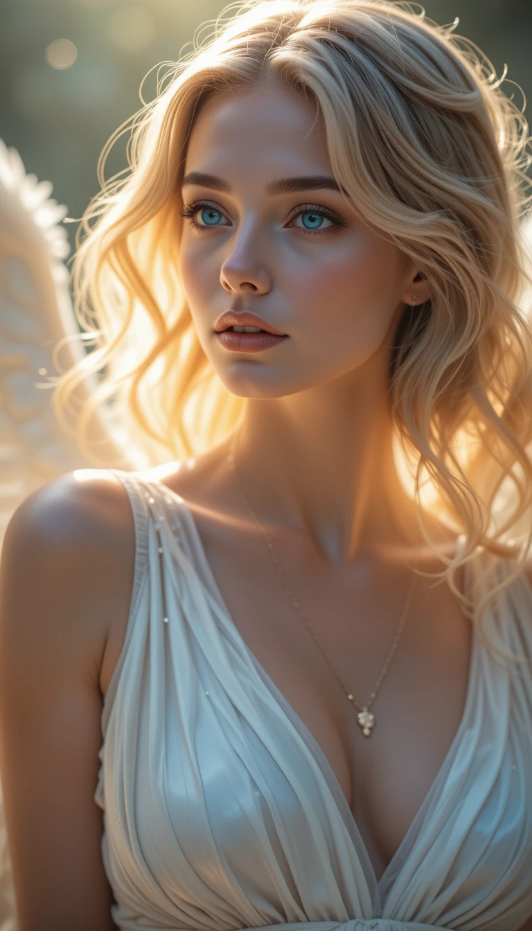 Mulher serena de olhos azuis em vestido branco radiante