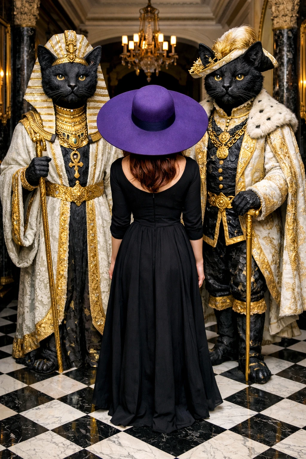 Femme en robe noire face à des statues de chats ornées