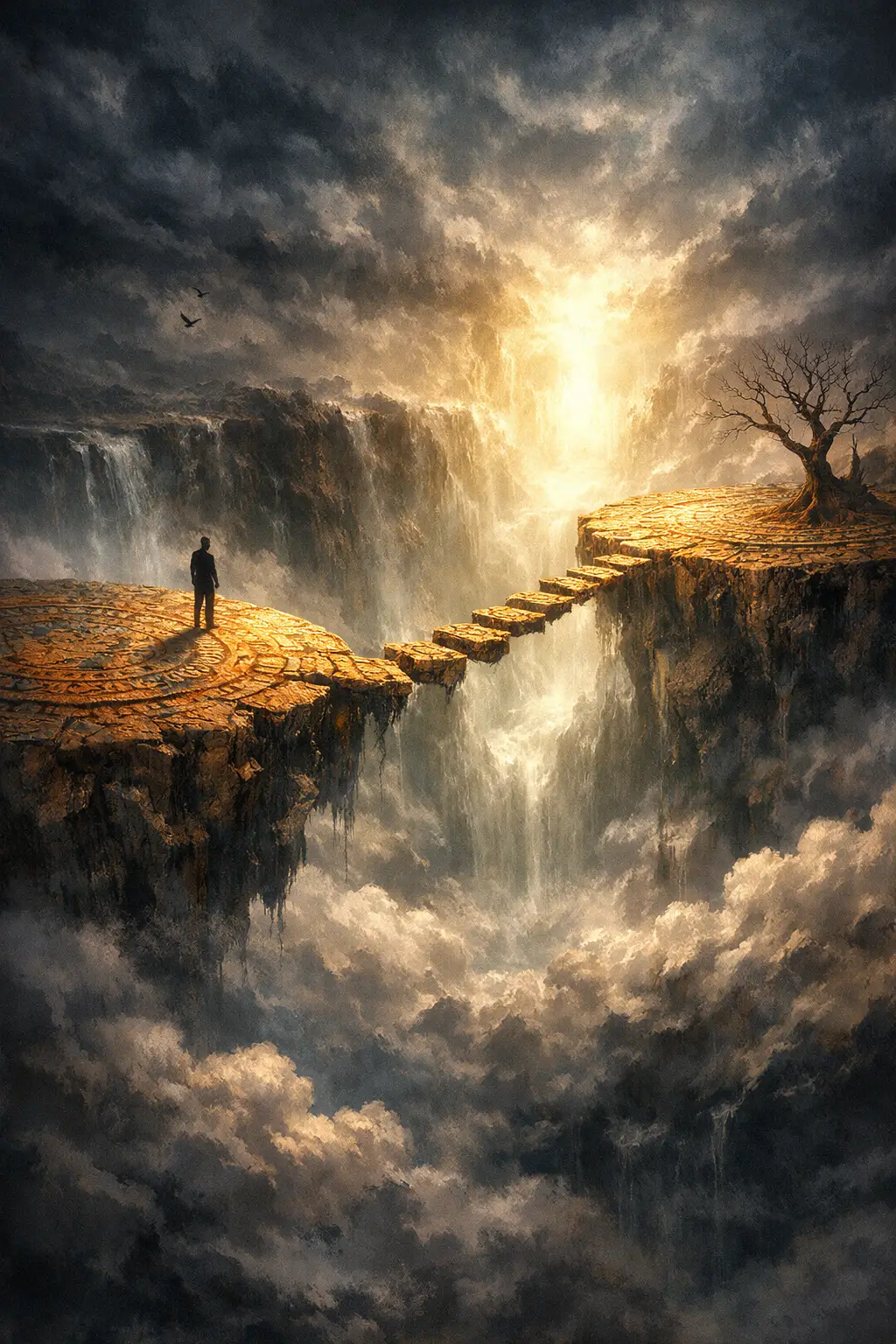 孤獨身影踏過懸浮石頭，橫越迷霧深淵