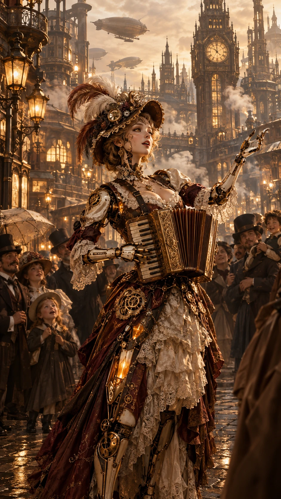 Bardo automa steampunk che si esibisce in una strada vittoriana