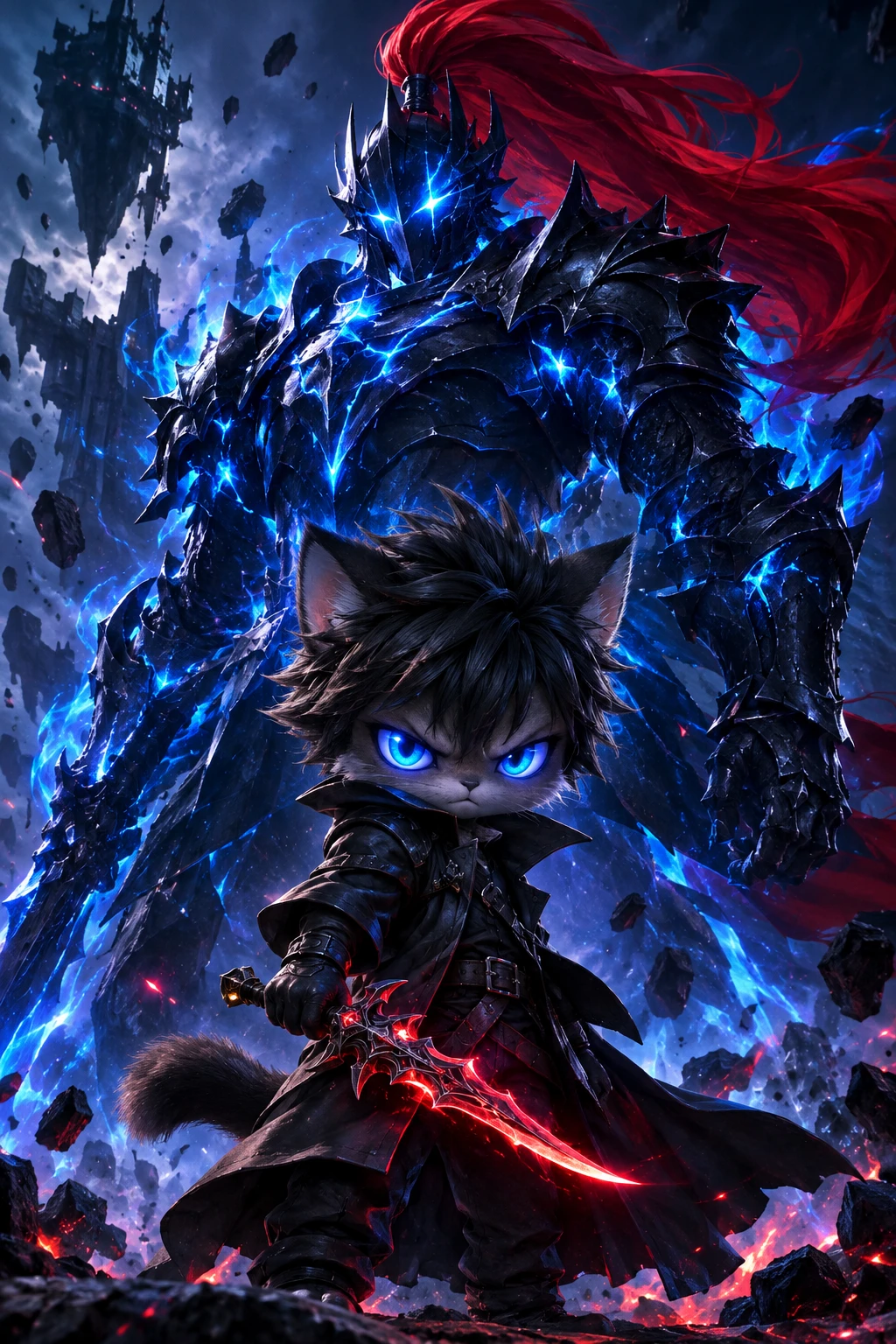 Guerrier félin chibi avec chevalier spectral gigantesque