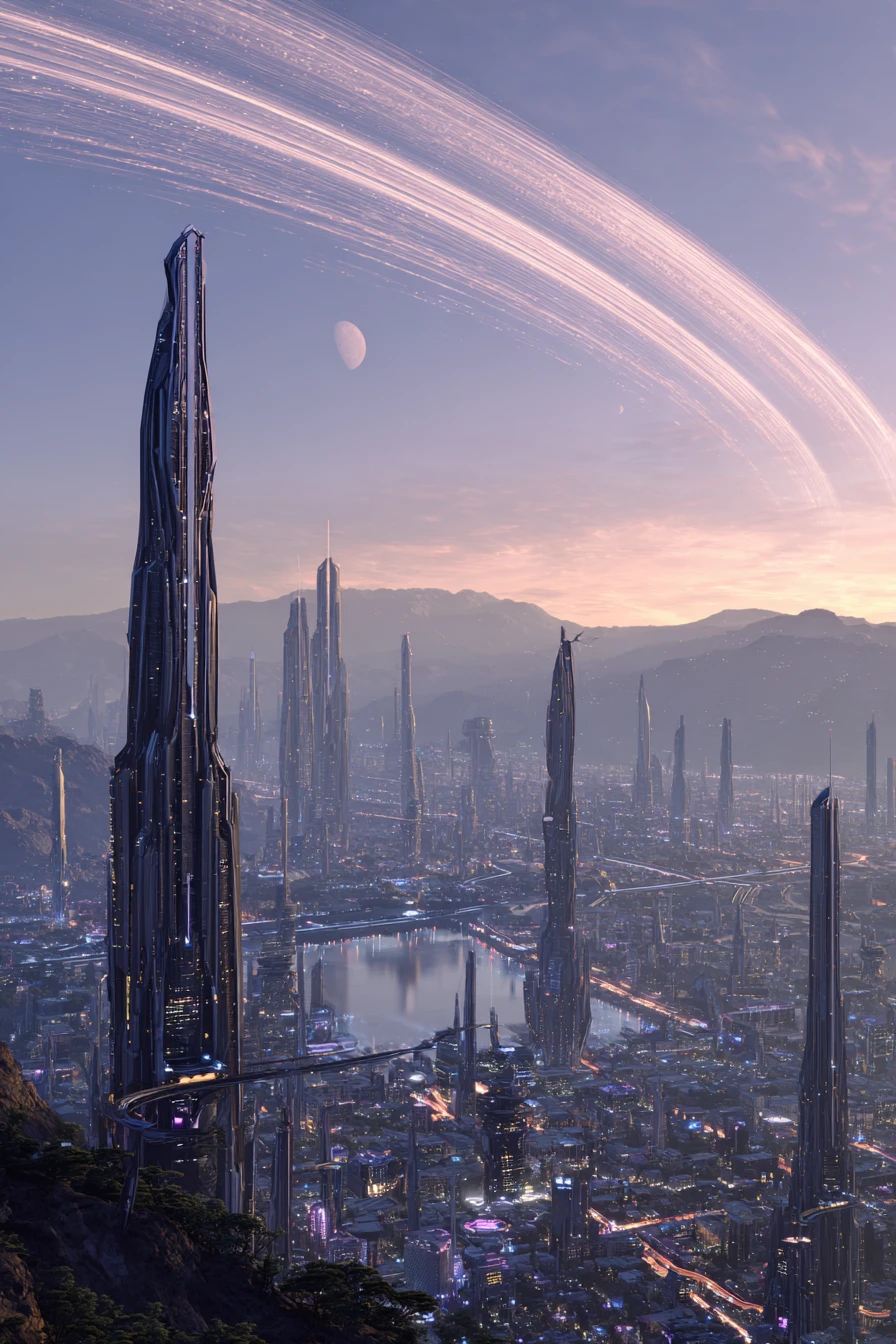Cidade alienígena futurista com estruturas imponentes ao entardecer