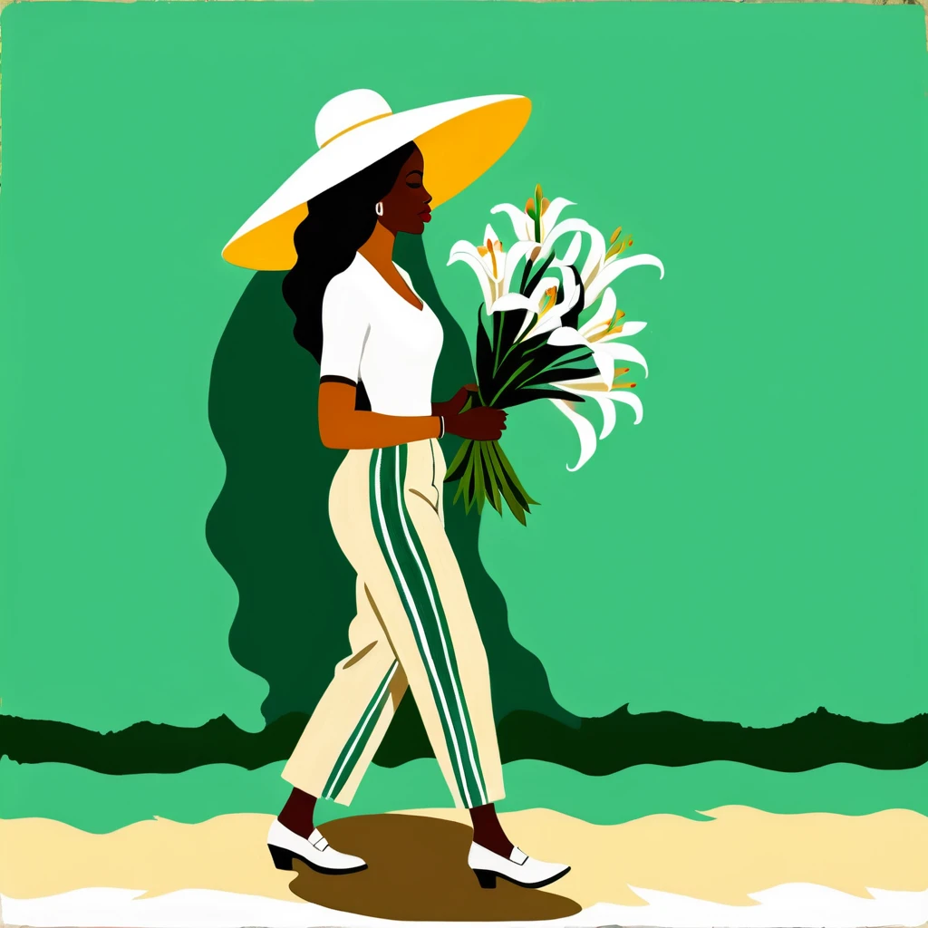 Pintura folk de mulher com chapéu creme largo e lírios