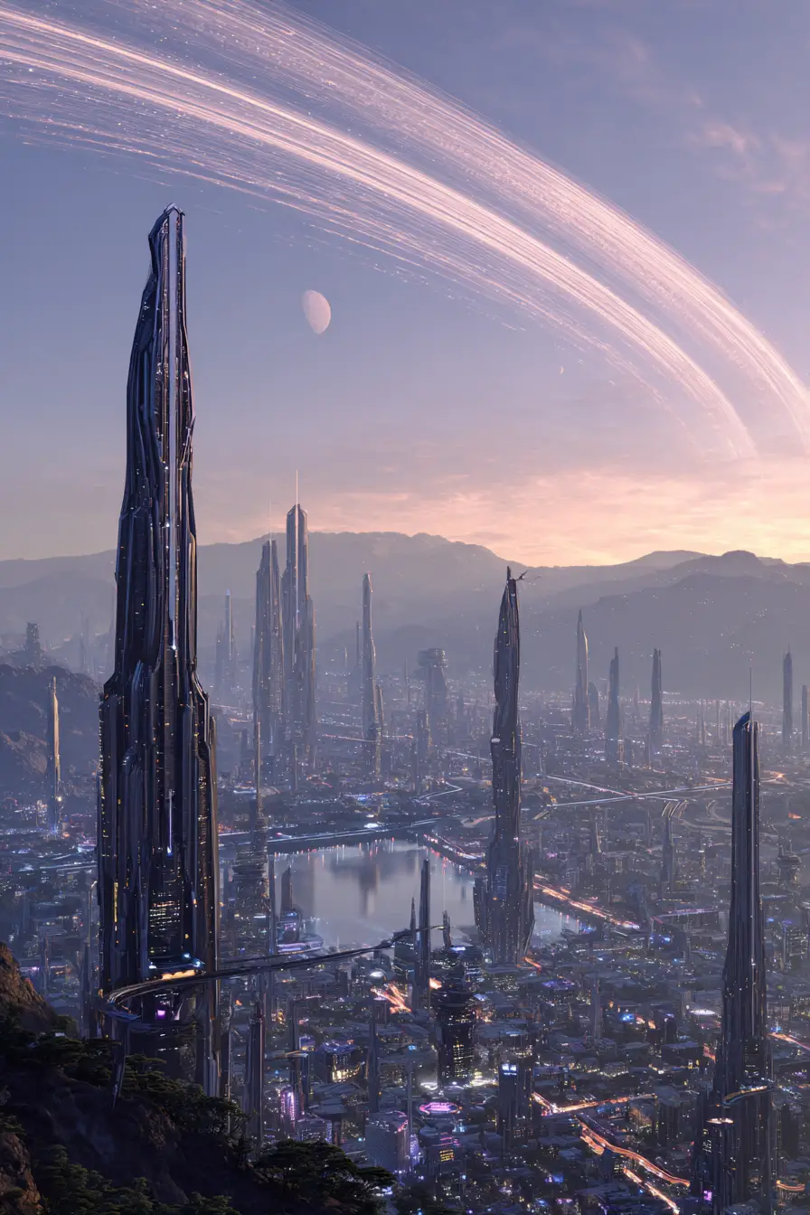 Città aliena futuristica con strutture imponenti al crepuscolo