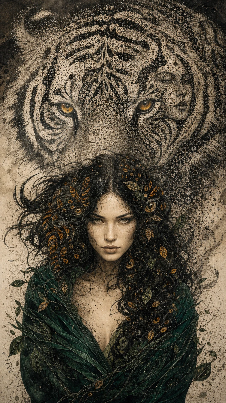 Mulher com tigre sombrio em retrato surreal de mídia mista