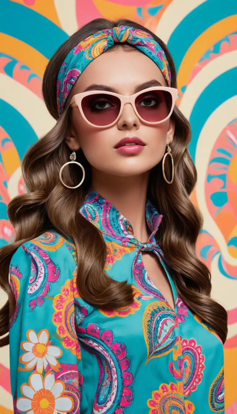Stilvolle Frau im psychedelischen Mod-Kleid mit auffälligen Gänseblümchen