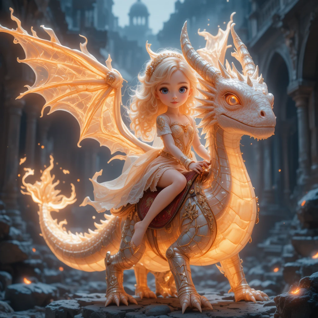 Garota de anime montando um dragão transparente e brilhante em ruínas