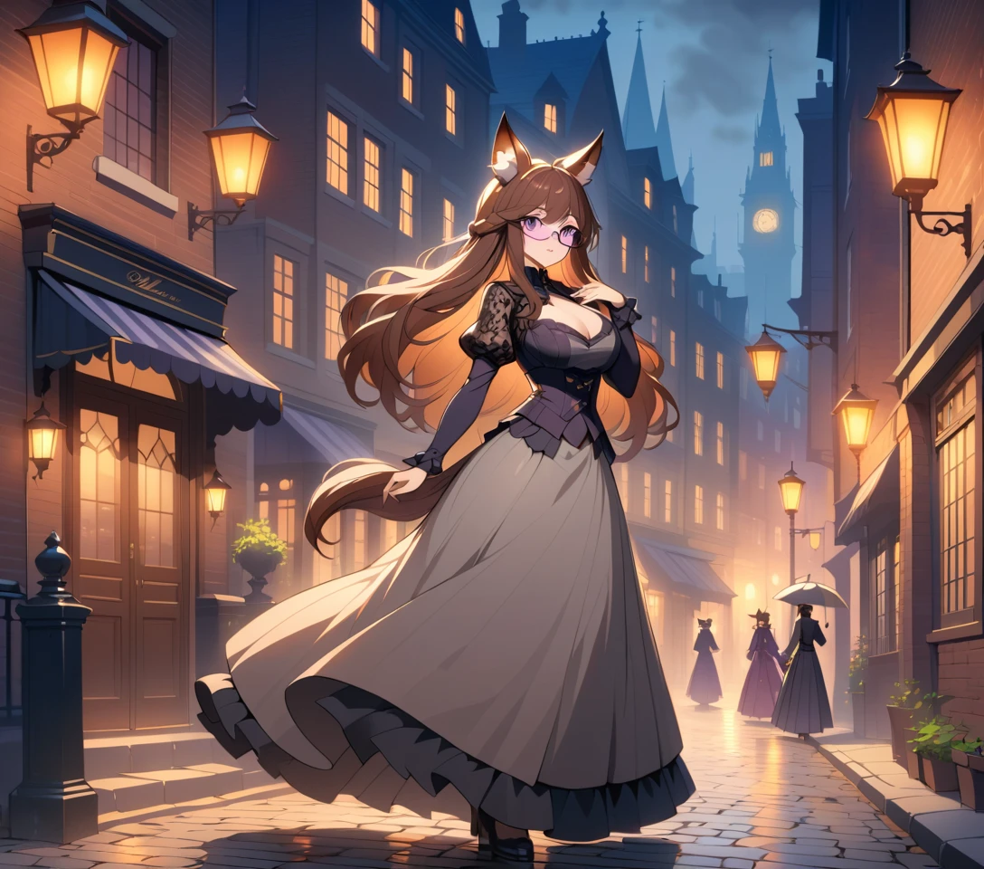 ヴィクトリア朝ロンドンの街を歩く狐耳のアニメ女性