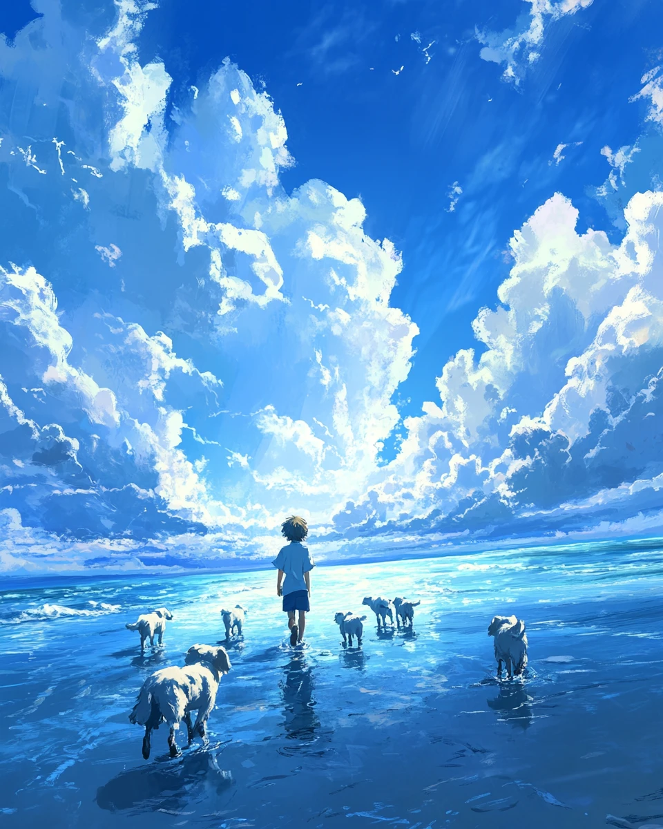 明るい夏空の下で海辺を歩く少年