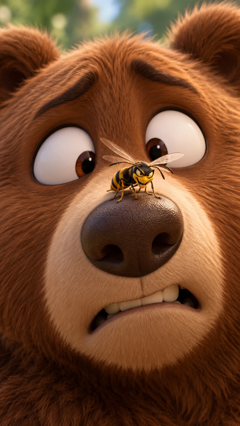 Cute bear close up with evil wasp on his nose