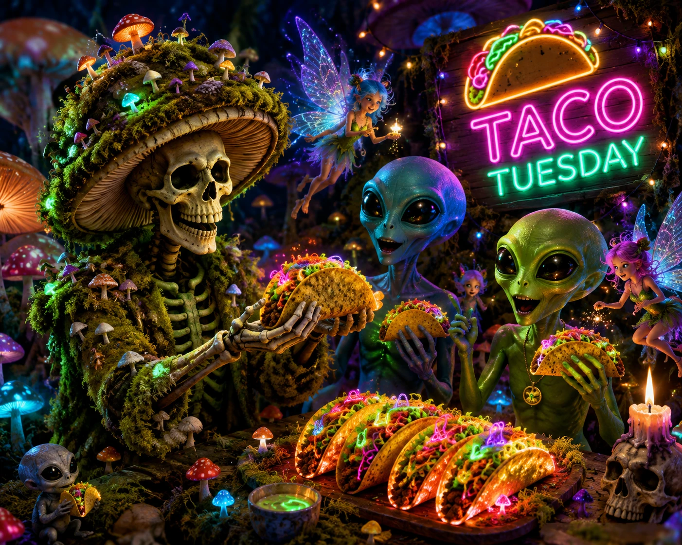 Squelette en costume de mousse et de champignons avec tacos lumineux